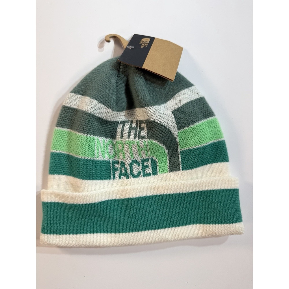 The North Face Retro Logo Beanie Dark Sage Stripe Knit One Size NWT $30 MSRP